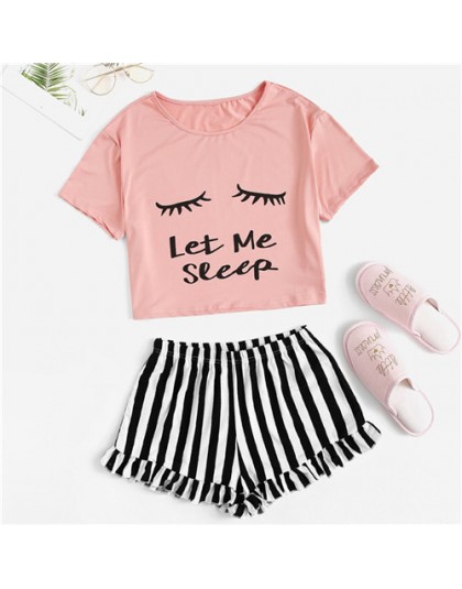 SHEIN czarny graficzny Tee falbany szorty w paski PJ wokół szyi zestaw z krótkim rękawem 2019 lato kobiety Patchwork bielizna no