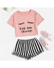 SHEIN czarny graficzny Tee falbany szorty w paski PJ wokół szyi zestaw z krótkim rękawem 2019 lato kobiety Patchwork bielizna no