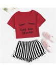 SHEIN czarny graficzny Tee falbany szorty w paski PJ wokół szyi zestaw z krótkim rękawem 2019 lato kobiety Patchwork bielizna no