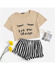 SHEIN czarny graficzny Tee falbany szorty w paski PJ wokół szyi zestaw z krótkim rękawem 2019 lato kobiety Patchwork bielizna no