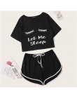 SHEIN czarny graficzny Tee falbany szorty w paski PJ wokół szyi zestaw z krótkim rękawem 2019 lato kobiety Patchwork bielizna no