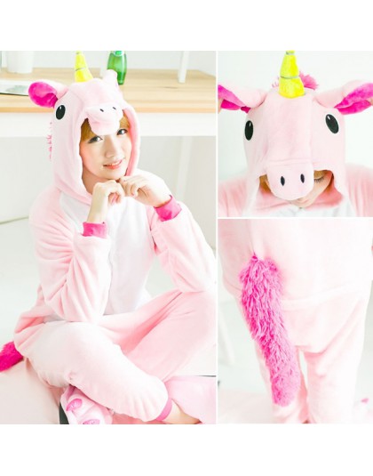 Jednorożec Kigurumi piżama Stitch dorosłych zwierząt Onesie kobiety mężczyźni para 2019 zimowa piżama garnitur kot piżamy flanel
