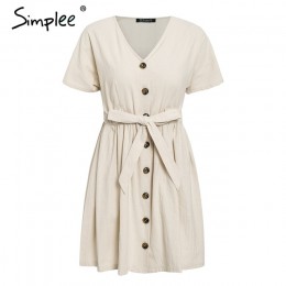 Simplee guziki w stylu Vintage kobiety sukienka koszula V neck z krótkim rękawem bawełniana pościel krótkie letnie sukienki biur