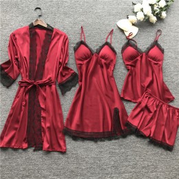 QWEEK lato 2019 kobiety zestawy piżam 4 sztuk Sexy koronki piżamy kobiety satynowa jedwabna bielizna nocna elegancki Pijama z kl