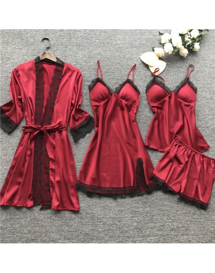 QWEEK lato 2019 kobiety zestawy piżam 4 sztuk Sexy koronki piżamy kobiety satynowa jedwabna bielizna nocna elegancki Pijama z kl