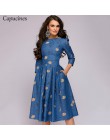 Capucines granatowy 3/4 rękawy sukienka z nadrukiem kobiety 2019 wiosna lato portmonetka vintage-line Casual dress Elegent Party