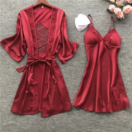 2019 damska suknia i suknia ustawia Sexy Lace Sleep Lounge Pijama z długim rękawem damska bielizna nocna szlafrok sukienka wiecz