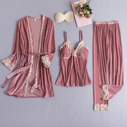 Kobiety nowy aksamit 3 sztuk koronkowa bielizna nocna zestaw jesień piżama garnitur Sexy Floral tapicerka nocna ślub panny młode