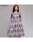 Capucines granatowy 3/4 rękawy sukienka z nadrukiem kobiety 2019 wiosna lato portmonetka vintage-line Casual dress Elegent Party