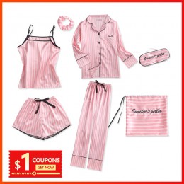 Pizama Damska Różowe paski 7 sztuk piżamy jedwabne satynowe Femme piżama zestaw Stitch bielizna szata piżamy damskie pijama Elas
