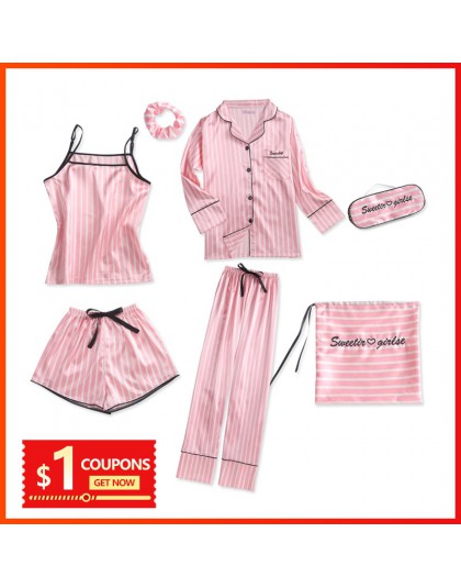 Pizama Damska Różowe paski 7 sztuk piżamy jedwabne satynowe Femme piżama zestaw Stitch bielizna szata piżamy damskie pijama Elas