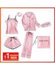 Pizama Damska Różowe paski 7 sztuk piżamy jedwabne satynowe Femme piżama zestaw Stitch bielizna szata piżamy damskie pijama Elas