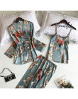 Sajon 2019 nowy 3 sztuk kobiety piżamy zestawy z spodnie Sexy piżama Satin Flower Print bielizna nocna Silk Negligee bielizna no