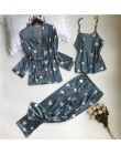 Sajon 2019 nowy 3 sztuk kobiety piżamy zestawy z spodnie Sexy piżama Satin Flower Print bielizna nocna Silk Negligee bielizna no