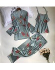 Sajon 2019 nowy 3 sztuk kobiety piżamy zestawy z spodnie Sexy piżama Satin Flower Print bielizna nocna Silk Negligee bielizna no
