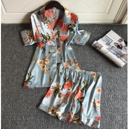 Sajon 2019 nowy 3 sztuk kobiety piżamy zestawy z spodnie Sexy piżama Satin Flower Print bielizna nocna Silk Negligee bielizna no