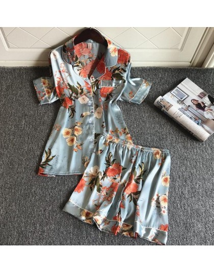 Sajon 2019 nowy 3 sztuk kobiety piżamy zestawy z spodnie Sexy piżama Satin Flower Print bielizna nocna Silk Negligee bielizna no