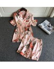 Sajon 2019 nowy 3 sztuk kobiety piżamy zestawy z spodnie Sexy piżama Satin Flower Print bielizna nocna Silk Negligee bielizna no