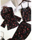 Sajon 2019 nowy 3 sztuk kobiety piżamy zestawy z spodnie Sexy piżama Satin Flower Print bielizna nocna Silk Negligee bielizna no
