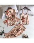 Sajon 2019 nowy 3 sztuk kobiety piżamy zestawy z spodnie Sexy piżama Satin Flower Print bielizna nocna Silk Negligee bielizna no