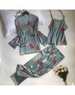 Sajon 2019 nowy 3 sztuk kobiety piżamy zestawy z spodnie Sexy piżama Satin Flower Print bielizna nocna Silk Negligee bielizna no