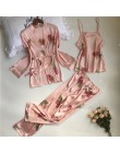 Sajon 2019 nowy 3 sztuk kobiety piżamy zestawy z spodnie Sexy piżama Satin Flower Print bielizna nocna Silk Negligee bielizna no