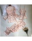 Sajon 2019 nowy 3 sztuk kobiety piżamy zestawy z spodnie Sexy piżama Satin Flower Print bielizna nocna Silk Negligee bielizna no
