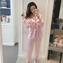 Kobiety piżamy ustawia Silk Satin Pijama skręcić w dół kołnierz bielizna nocna pani z długim rękawem wiosna bielizna nocna 2 szt
