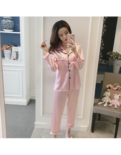Kobiety piżamy ustawia Silk Satin Pijama skręcić w dół kołnierz bielizna nocna pani z długim rękawem wiosna bielizna nocna 2 szt