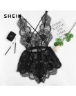 SHEIN rzęs koronki głębokie V Neck Sexy w kratkę ze sztywnym tyłem koronki Sleep pajacyki kobiety lato miś bielizna nocna Onesie