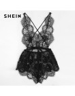 SHEIN rzęs koronki głębokie V Neck Sexy w kratkę ze sztywnym tyłem koronki Sleep pajacyki kobiety lato miś bielizna nocna Onesie