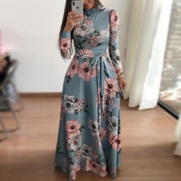 Plus rozmiar wiosna jesień kobiety sukienka Bohomia kwiat wydruku Maixi sukienki moda pas tunika Boho Eveing Party Midi sukienka