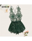 SHEIN rzęs koronki głębokie V Neck Sexy w kratkę ze sztywnym tyłem koronki Sleep pajacyki kobiety lato miś bielizna nocna Onesie
