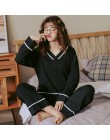 BZEL V-Neck bielizna nocna dla kobiet czarne piżamy zestawy śliczne łuk Nighty długie rękawy długie patelnie Pijamas piżamy bawe