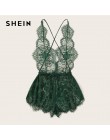 SHEIN rzęs koronki głębokie V Neck Sexy w kratkę ze sztywnym tyłem koronki Sleep pajacyki kobiety lato miś bielizna nocna Onesie