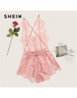 SHEIN rzęs koronki głębokie V Neck Sexy w kratkę ze sztywnym tyłem koronki Sleep pajacyki kobiety lato miś bielizna nocna Onesie