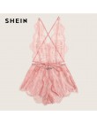 SHEIN rzęs koronki głębokie V Neck Sexy w kratkę ze sztywnym tyłem koronki Sleep pajacyki kobiety lato miś bielizna nocna Onesie