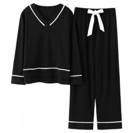 BZEL V-Neck bielizna nocna dla kobiet czarne piżamy zestawy śliczne łuk Nighty długie rękawy długie patelnie Pijamas piżamy bawe