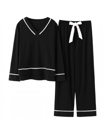 BZEL V-Neck bielizna nocna dla kobiet czarne piżamy zestawy śliczne łuk Nighty długie rękawy długie patelnie Pijamas piżamy bawe