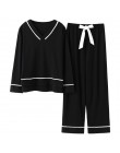 BZEL V-Neck bielizna nocna dla kobiet czarne piżamy zestawy śliczne łuk Nighty długie rękawy długie patelnie Pijamas piżamy bawe