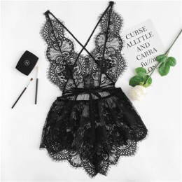 SHEIN rzęs koronki głębokie V Neck Sexy w kratkę ze sztywnym tyłem koronki Sleep pajacyki kobiety lato miś bielizna nocna Onesie