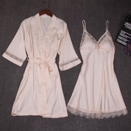Jesień kobiety koszula nocna zestawy 2 sztuk koszula nocna szlafrok z miseczkami na piersi kobieta Satin Kimono szlafrok bielizn