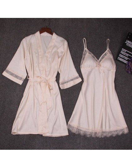 Jesień kobiety koszula nocna zestawy 2 sztuk koszula nocna szlafrok z miseczkami na piersi kobieta Satin Kimono szlafrok bielizn