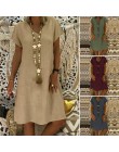 ZANZEA kobiety lato z krótkim rękawem bawełniana lniana sukienka Vestido szata Kaftan Femme Vintage V neck Floral wydrukowano le