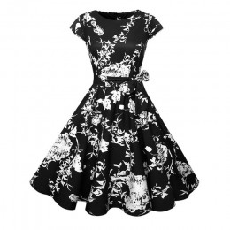Czarny biały Polka Dot sukienka vintage lato kobiety Floral Print z krótkim rękawem sukienka retro sukienki rockabilly Party Jur