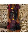 ZANZEA kobiety lato z krótkim rękawem bawełniana lniana sukienka Vestido szata Kaftan Femme Vintage V neck Floral wydrukowano le