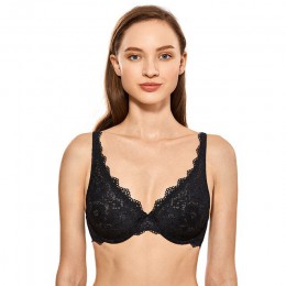 DOBREVA damska bez podszewki Plunge Bralette seksowna bielizna bielizna dla kobiet koronkowa biustonosz z fiszbinami