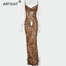 Articat seksowna dekolt w szpic lamparta sukienka kobiety Spaghetti pasek Backless Slim Maxi sukienka letnia szyfonowa długa suk