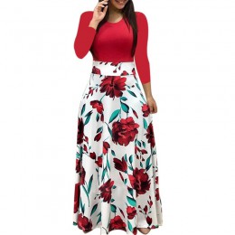 Wiosna kobiety Maxi sukienka w stylu Vintage, w kwiaty drukuj Splice Casual sukienka z długim rękawem 5XL Plus rozmiar elegancki