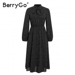 BerryGo Polka dot czarna elegancka sukienka rękaw damski poszerzany typu lantern krawat szyi długie sukienki wiosenna linia biur
